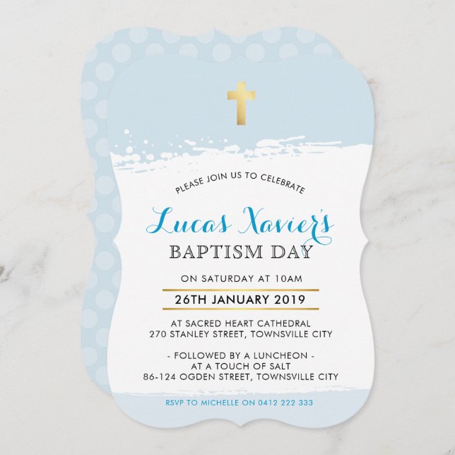 BAPTISM INVITE cute modern cross brush stroke blue (Front/Back)