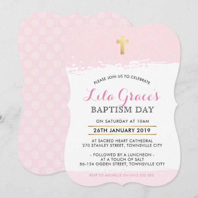 BAPTISM INVITE cute modern cross brush stroke pink (Front/Back)
