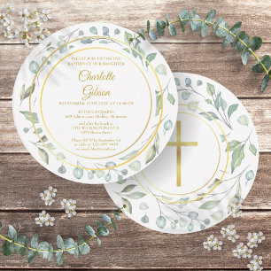 Baptism Laurel Garland Gold Cross Circular Invitation