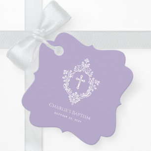 Baptism Lavender Elegant Vintage Cross in Crest Favour Tags