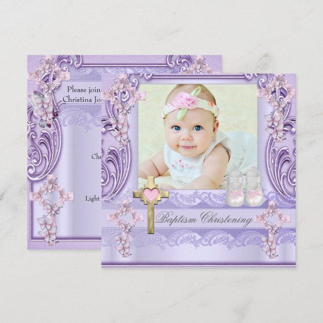 Baptism Lavender Pink Cross Girl Photo Christening Invitation (Front/Back)