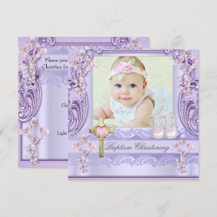 Baptism Lavender Pink Cross Girl Photo Christening Invitation