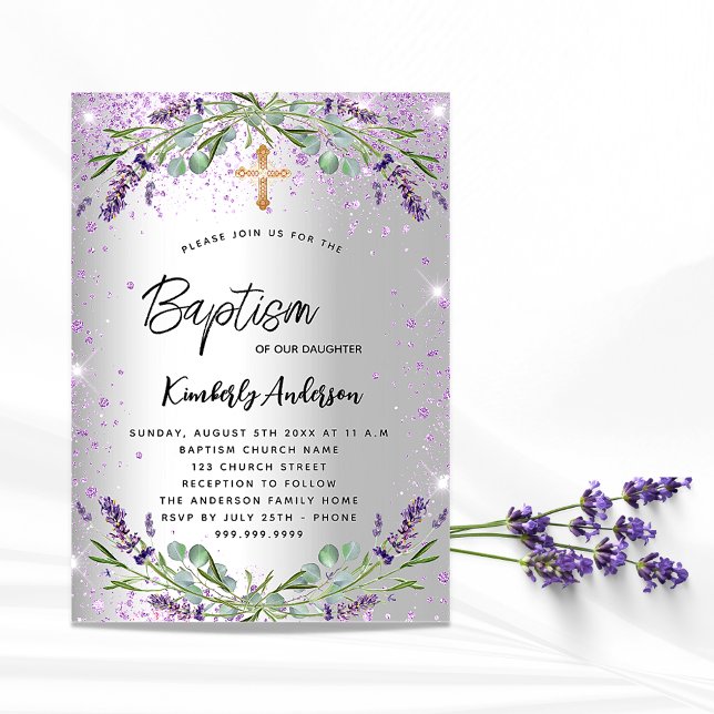 Baptism lavender silver violet sparkles elegant invitation (Creator Uploaded)