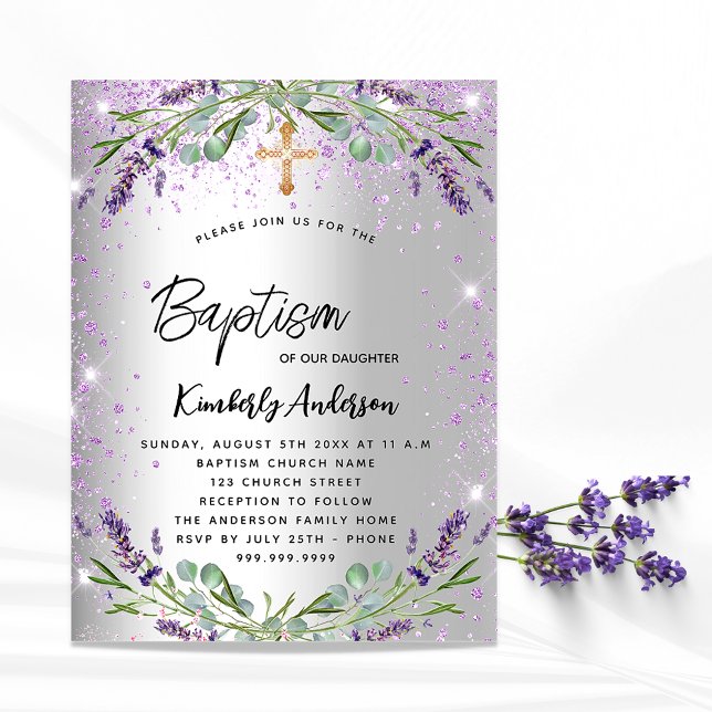 Baptism lavender silver violet sparkles elegant invitation postcard (Creator Uploaded)