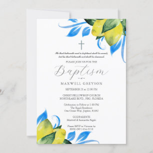 Baptism Lemon Foliage Religious Italian Blue Invitation