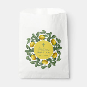 Baptism Lemon Yellow Circle Green Leaves Botanical Favour Bags