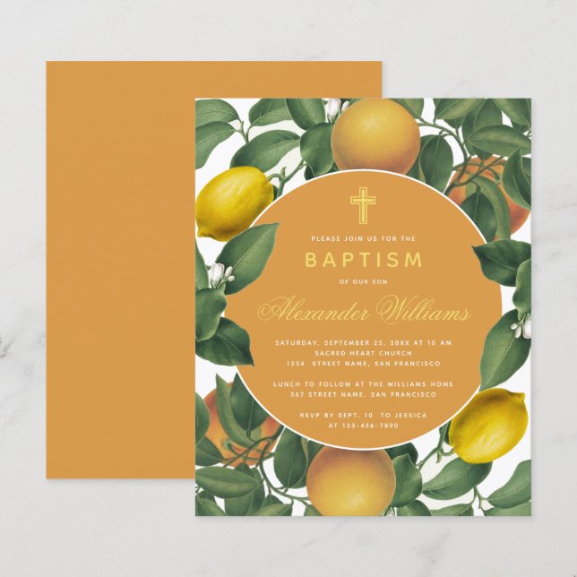 Baptism Lemons Oranges Budget Botanical Invitation (Front/Back)