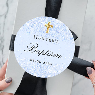 Baptism light blue glitter sparkles boy cross classic round sticker