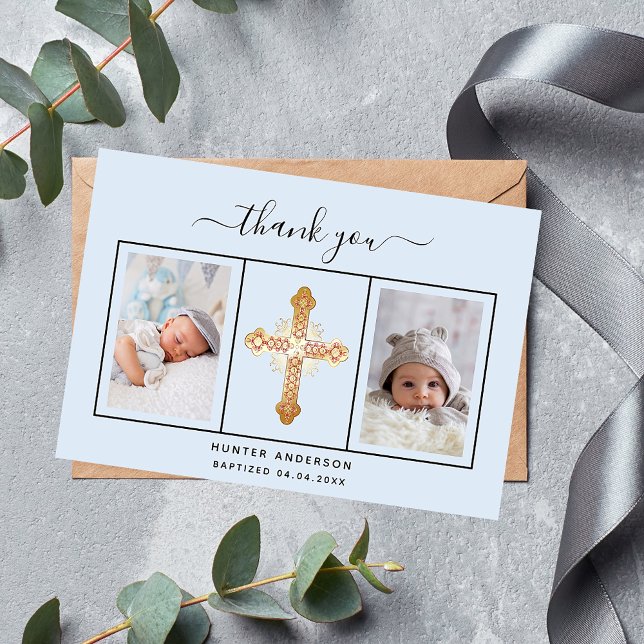 Baptism light blue photo script baby boy thank you card (Creator Uploaded)