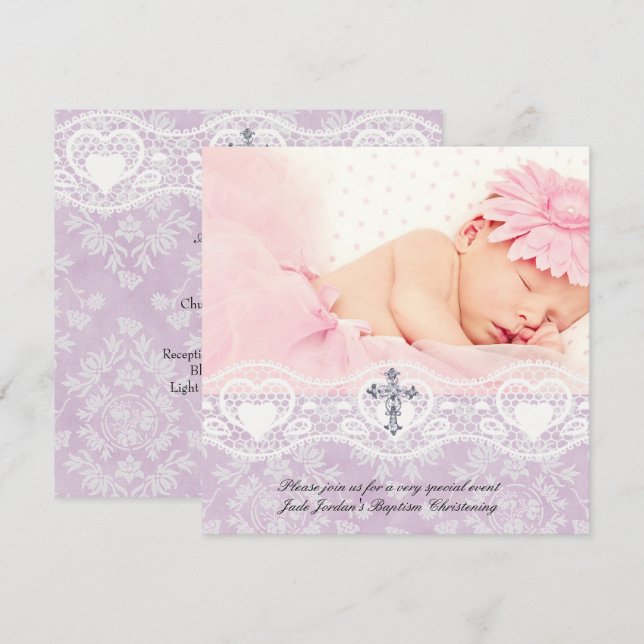 Baptism Lilac White Lace Photo Jewel Cross Girl Invitation (Front/Back)