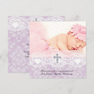 Baptism Lilac White Lace Photo Jewel Cross Girl Invitation