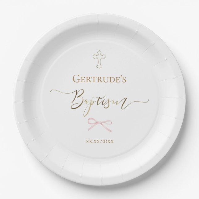 Baptism little pink bow paper plate (Front)