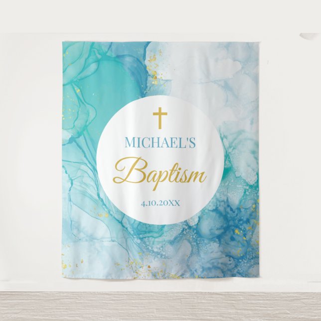 Baptism Marble blue mint modern backdrop Tapestry (Front)