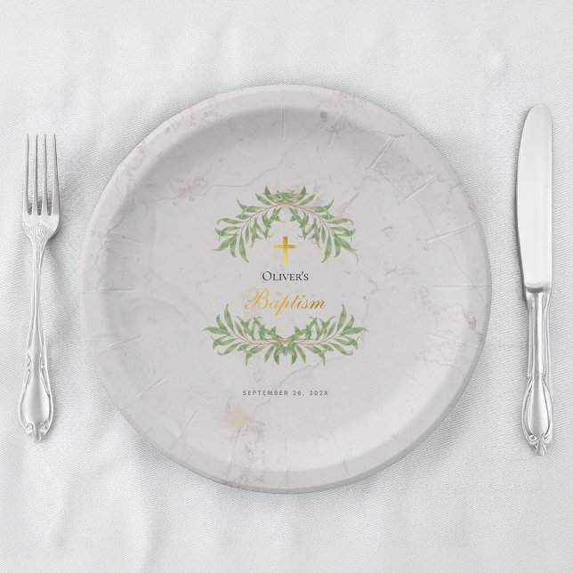 Baptism Marble Foliage Greenery Faux Gold Script  Paper Plate (Creator Uploaded)