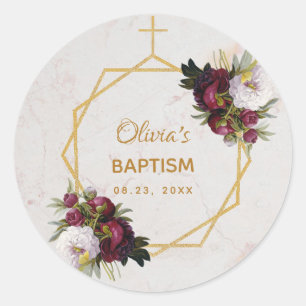Baptism Marble Gold Peonies Butterfly Geometric Classic Round Sticker