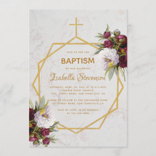 Baptism Marble Gold Peonies Butterfly Geometric Invitation