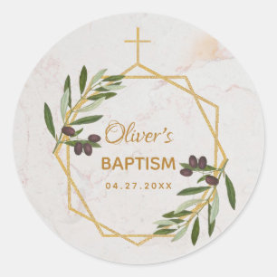 Baptism Marble Olive Branch Botanical Geometric Classic Round Sticker