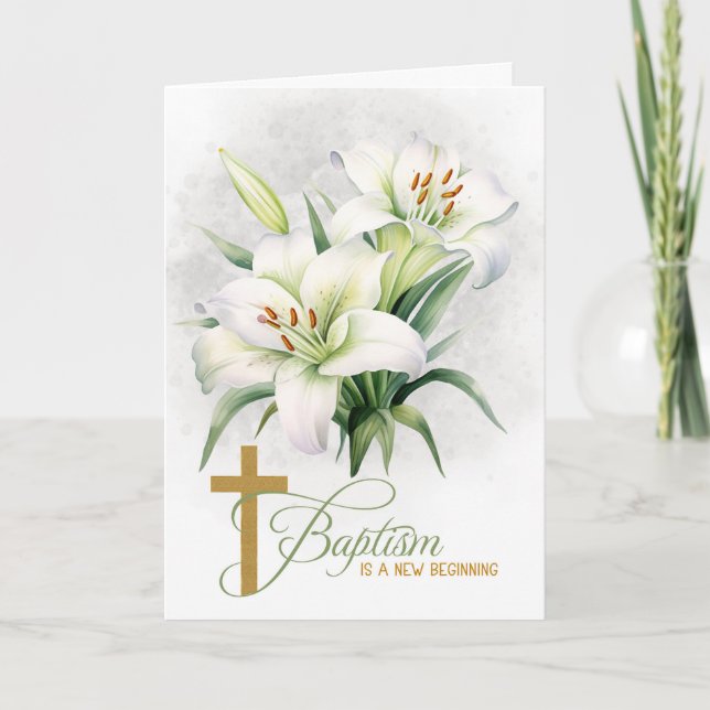 Baptism Mark 16 Bible Scripture Cross and Lilies Card (Front)