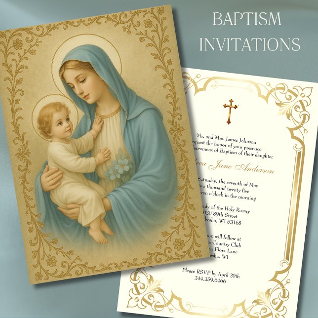Baptism Mary Jesus Blue and Gold  Invitation (Creator Uploaded)