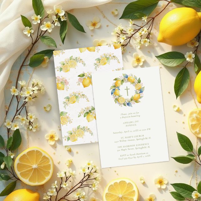 Baptism Mediterranean Wreath with Floral and Lemon Invitation (Baptism Mediterranean Wreath with Floral and Lemons Invitation Card Design. )
