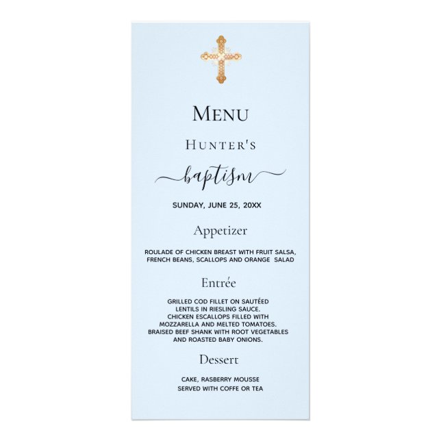 Baptism Menu light blue boy gold cross (Front)