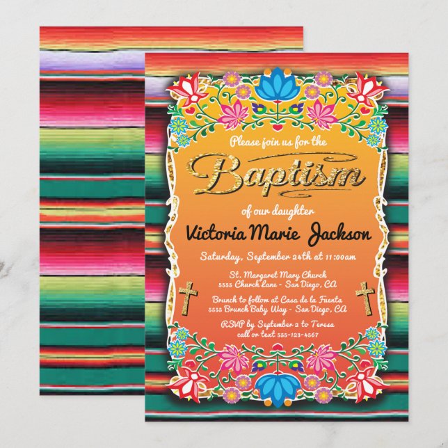 Baptism Mexican Fiesta Party Gold Glitter cross Invitation (Front/Back)