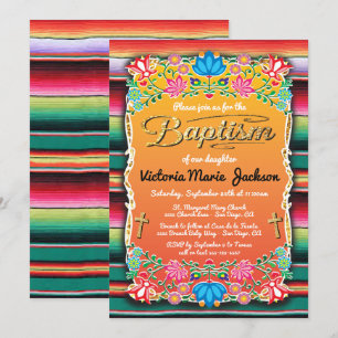 Baptism Mexican Fiesta Party Gold Glitter cross Invitation