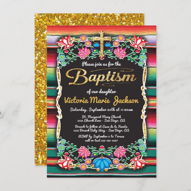 Baptism Mexican Fiesta Party Gold Glitter cross Invitation (Front/Back)