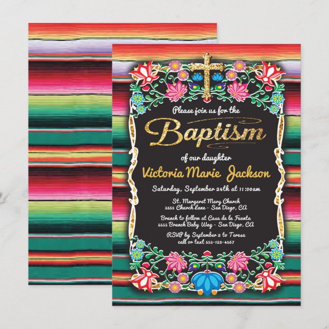 Baptism Mexican Fiesta Party Gold Glitter cross Invitation (Front/Back)