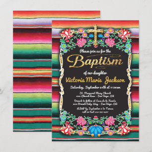Baptism Mexican Fiesta Party Gold Glitter cross Invitation