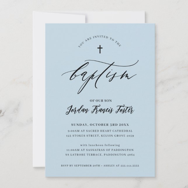 BAPTISM minimal calligraphy elegant pale baby blue Invitation (Front)