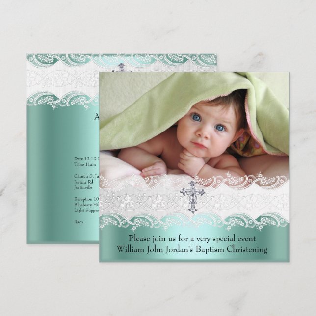 Baptism Mint Green Lace Photo Jewel Cross Boy Invitation (Front/Back)