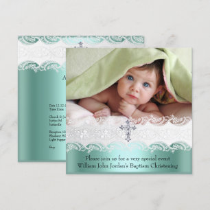 Baptism Mint Green Lace Photo Jewel Cross Boy Invitation