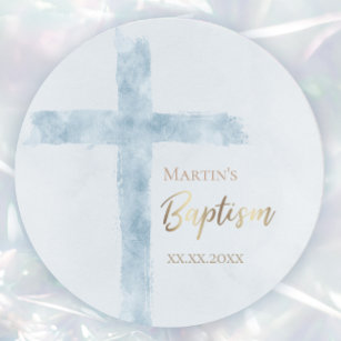 Baptism modern blue watercolor classic round sticker