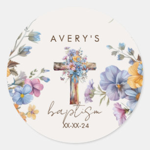 Baptism modern blue watercolor cross elegant classic round sticker