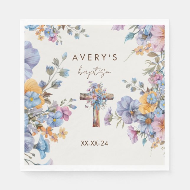 Baptism modern blue watercolor cross elegant napkin (Front)