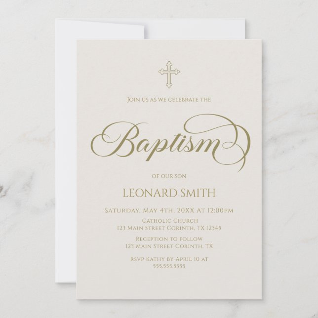 Baptism modern boho gold marfil invitation (Front)