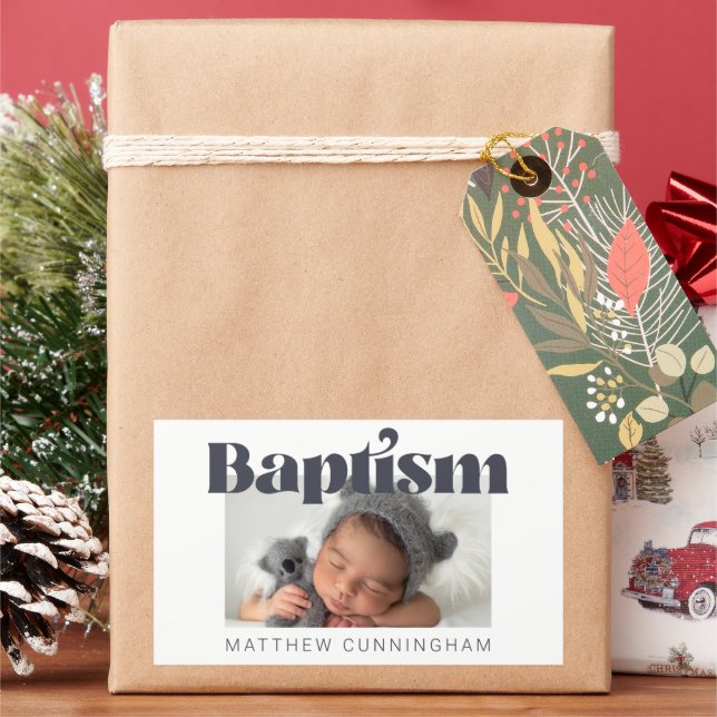 Baptism Modern Bold Simple  Photo Thank You Rectangular Sticker (Holiday)