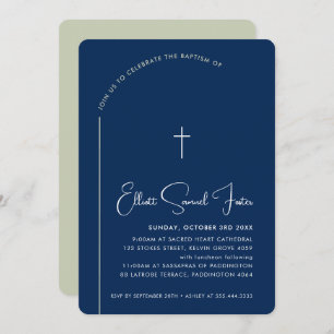 BAPTISM modern cross editable curved navy sage Invitation