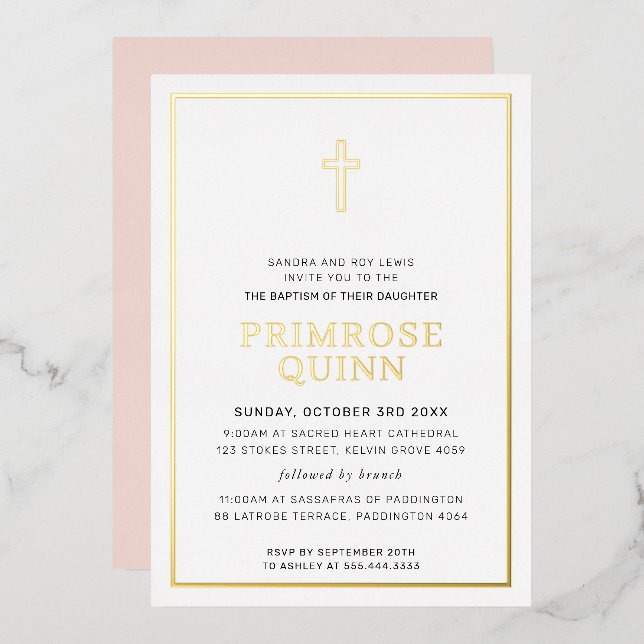 BAPTISM modern elegant cross blush pink gold (Front/Back)