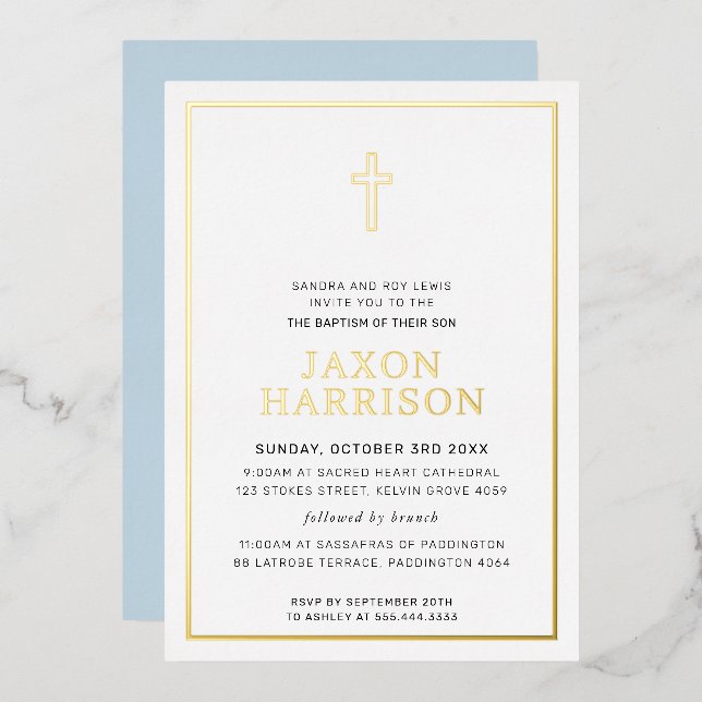 BAPTISM modern elegant cross boy baby blue (Front/Back)