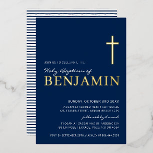BAPTISM modern elegant cross navy blue gold