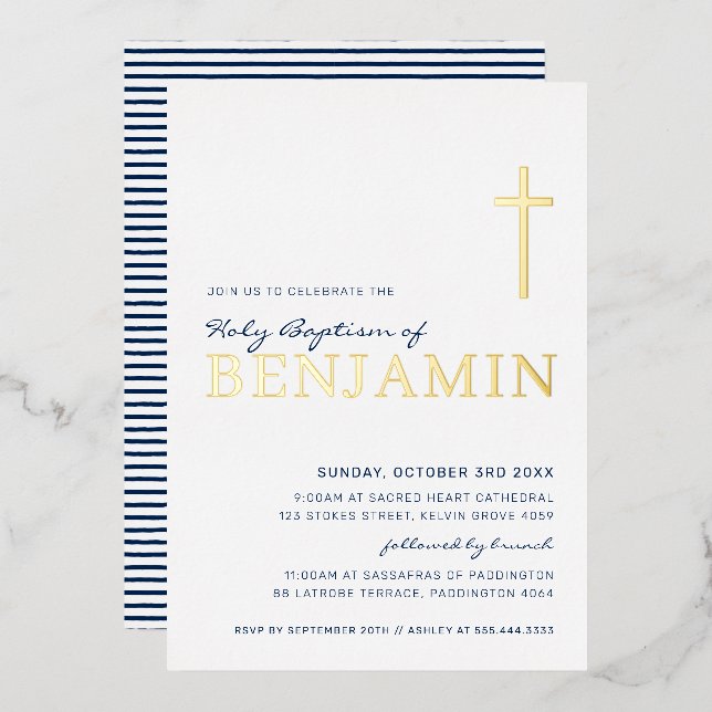 BAPTISM modern elegant cross navy blue gold Foil I (Front/Back)