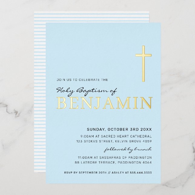 BAPTISM modern elegant cross stylish boy baby blue (Front/Back)