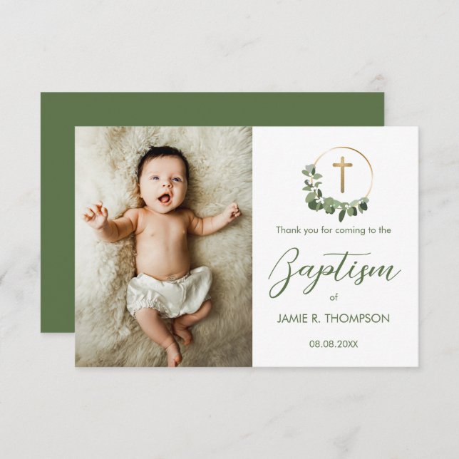 Baptism Modern Green Wreath cross Custom photo Thank You Card (Front/Back)