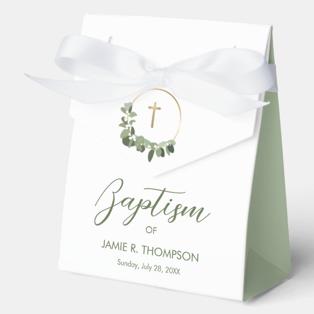 Baptism Modern Green Wreath gold cross Custom Favour Box (Front)