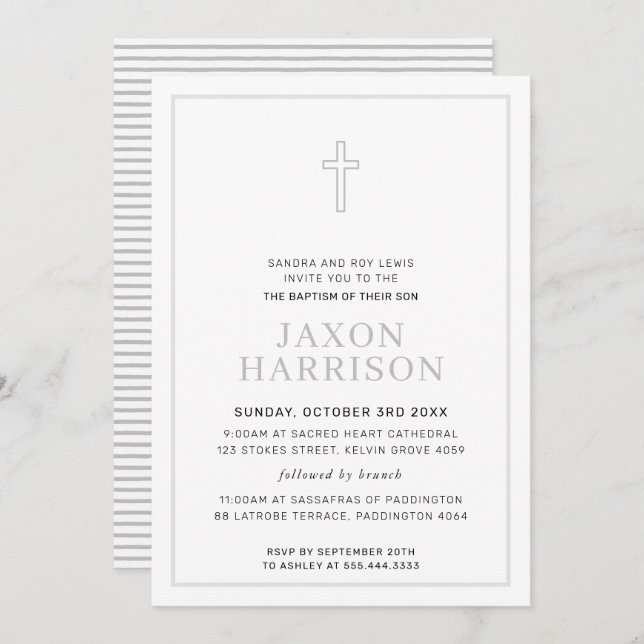 BAPTISM modern minimal cross simple soft grey grey Invitation (Front/Back)