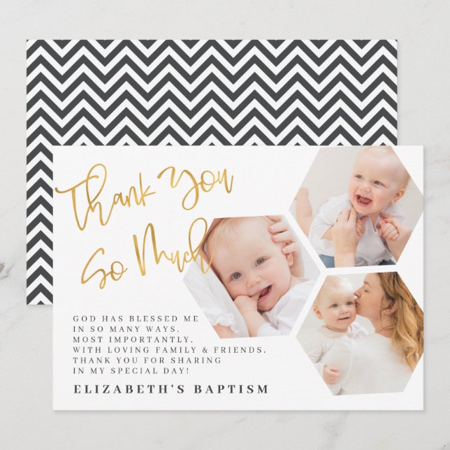 Baptism Modern Simple Chic Geometric Photos Thank You Card (Front/Back)