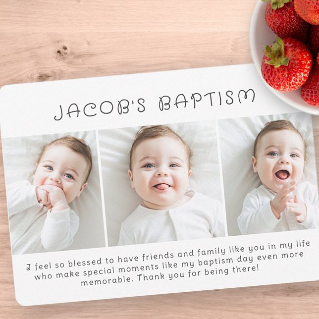 Baptism Modern Simple Chic Three Photo Thank You Card (Creator Uploaded)