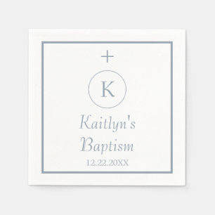 Baptism Monogram Initials Dusty Blue White Elegant Napkin